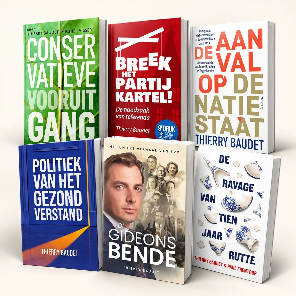 Zes boeken uit de FVD-webshop, waaronder Conservatieve vooruitgang, Breek het partijkartel en De Gideonsbende