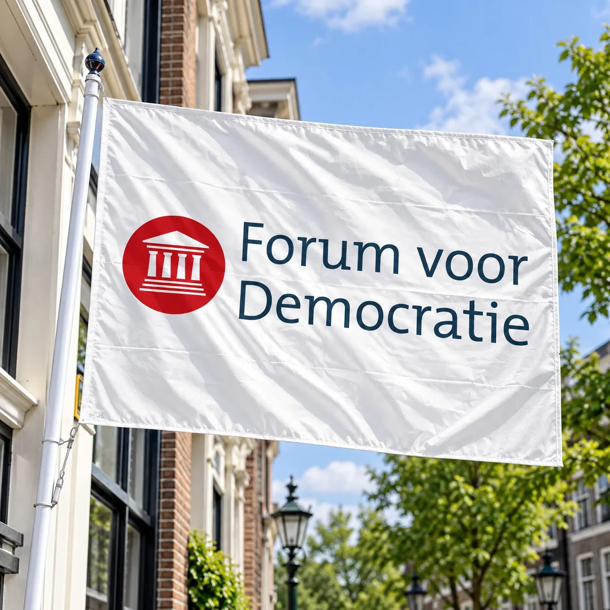 Witte FVD-vlag met logo en de tekst Forum voor Democratie aan een gevel