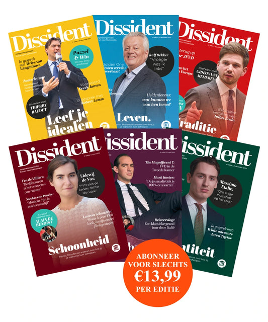 Omslagen van verschillende edities van De Dissident met abonnementsprijs van €13,99 per editie