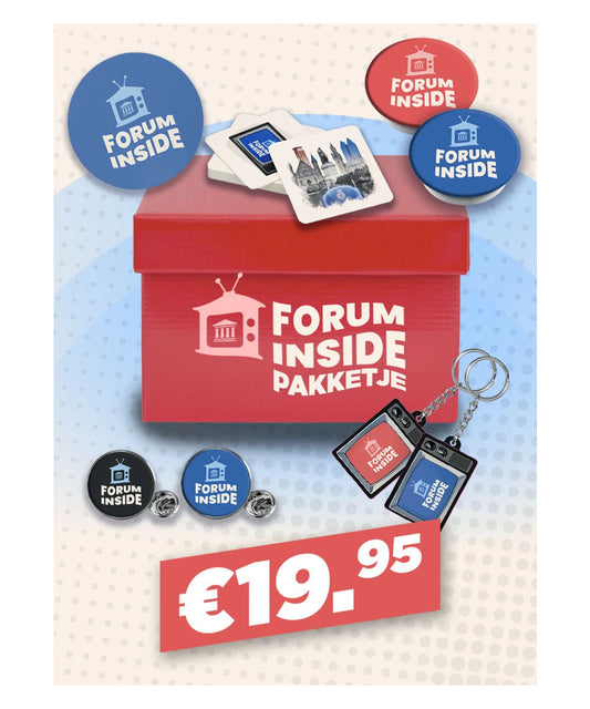 Forum Inside pakketje met sleutelhangers, pinnen, magneten en onderzetters