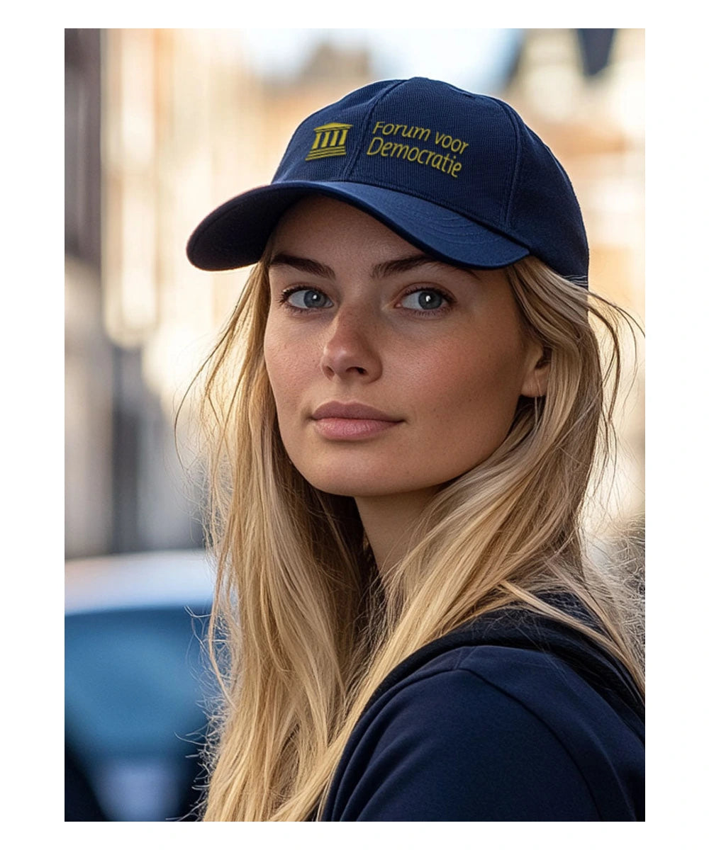 Model met een donkerblauwe FVD-pet met goudkleurig logo