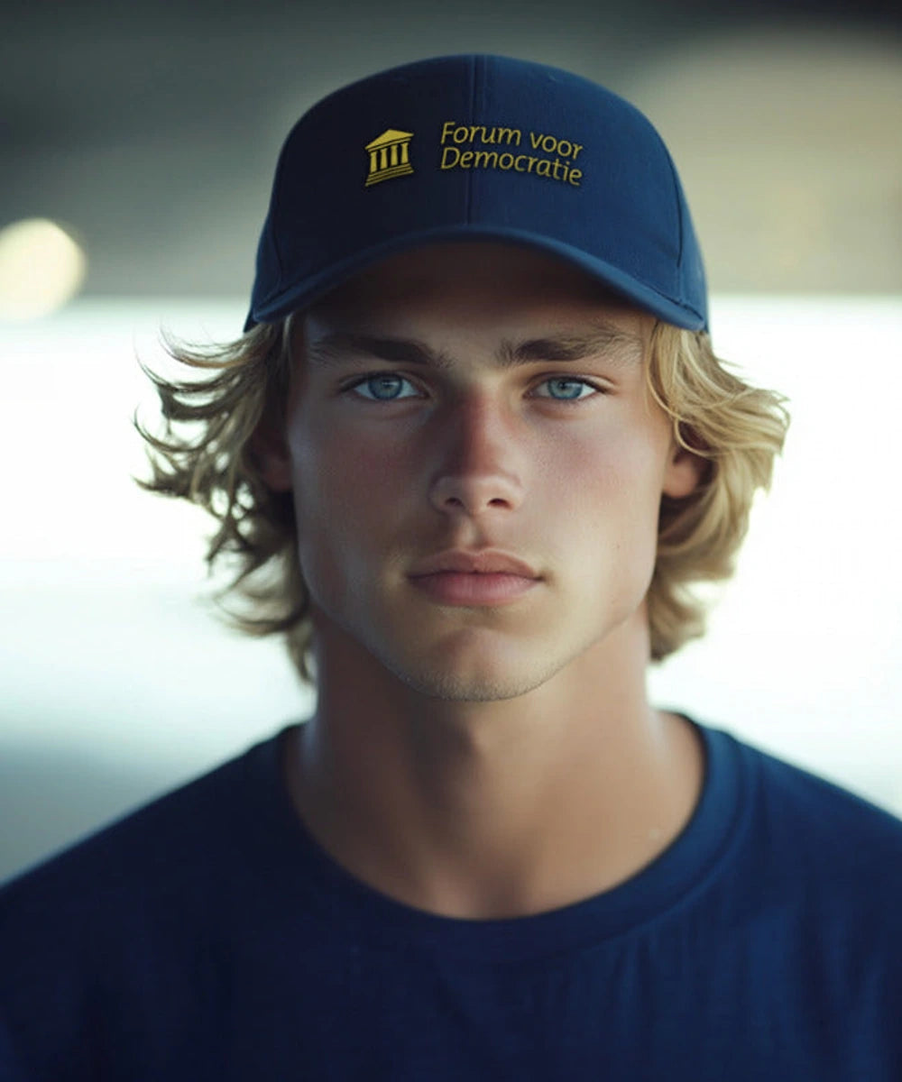 Model met donkerblauwe FVD-pet en goudkleurig logo