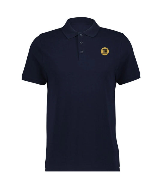 Marineblauwe FVD-polo met goudkleurig logo op de borst