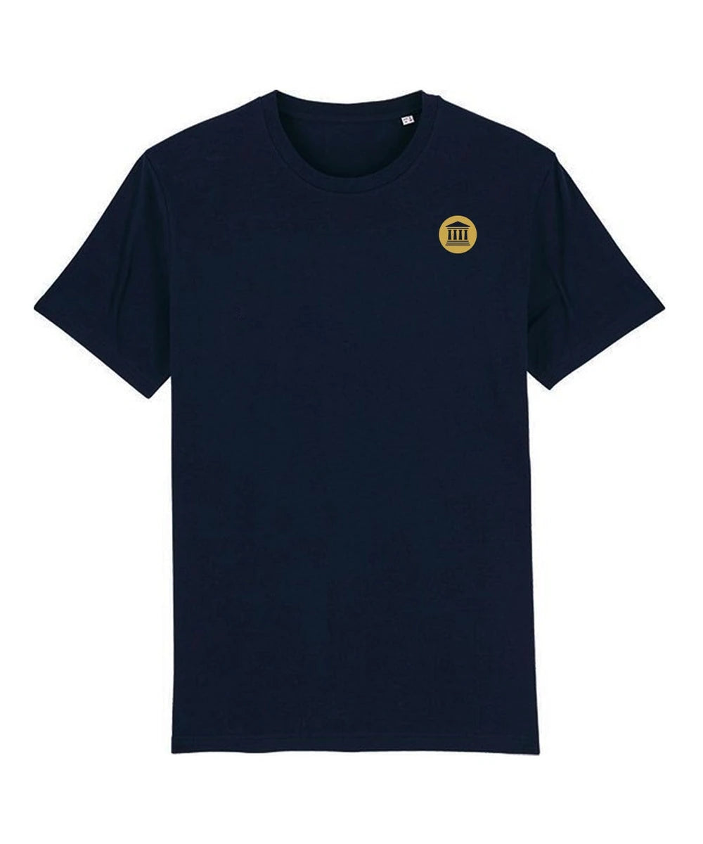 Blauw FVD-shirt met korte mouwen en goudkleurig logo op de borst
