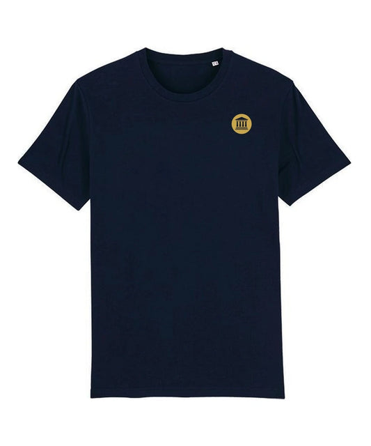 Blauw FVD-shirt met korte mouwen en goudkleurig logo op de borst